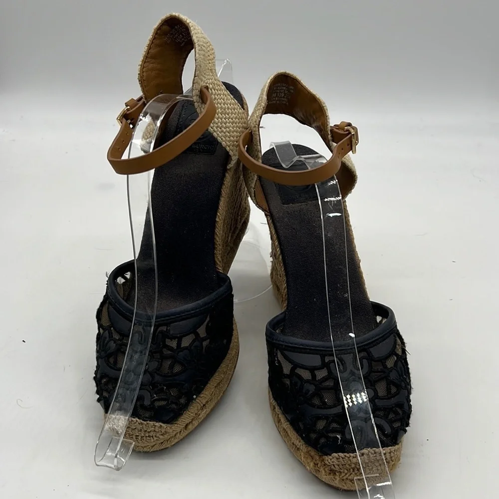 Tory Burch Navy Floral Lace Wedge Espadrilles size 10
